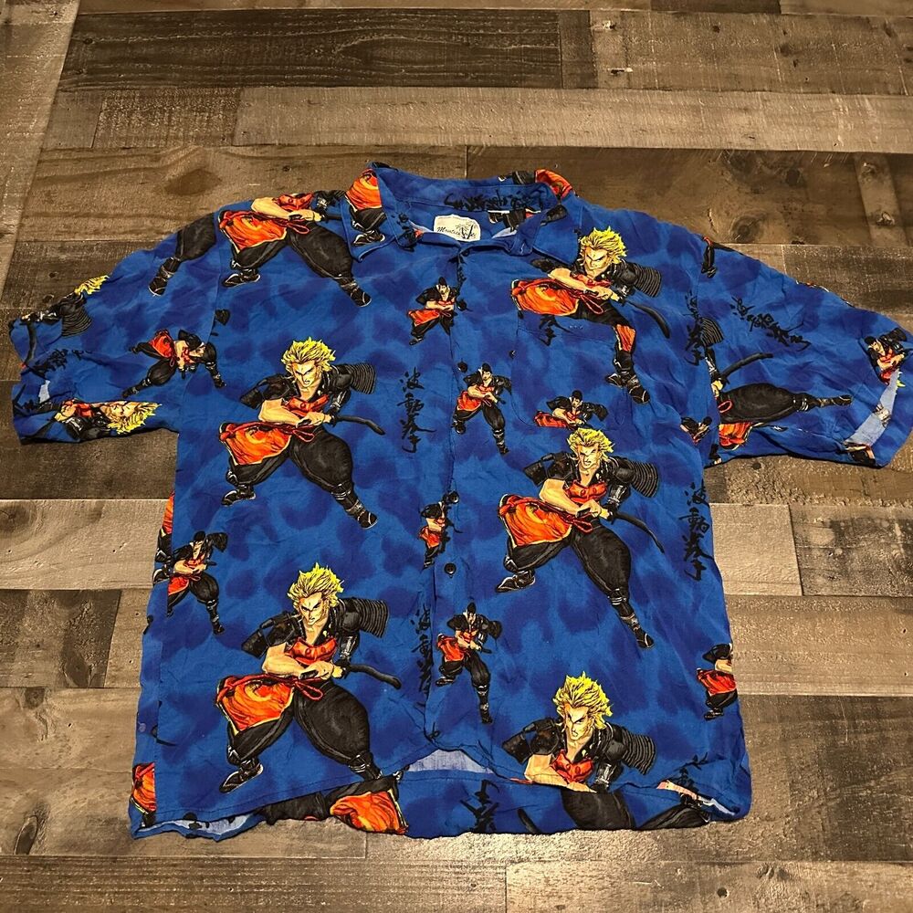 Monticerutti Hawaiian Shirt Size Large Blue Rayon Anime AOP Hawaii Button Up